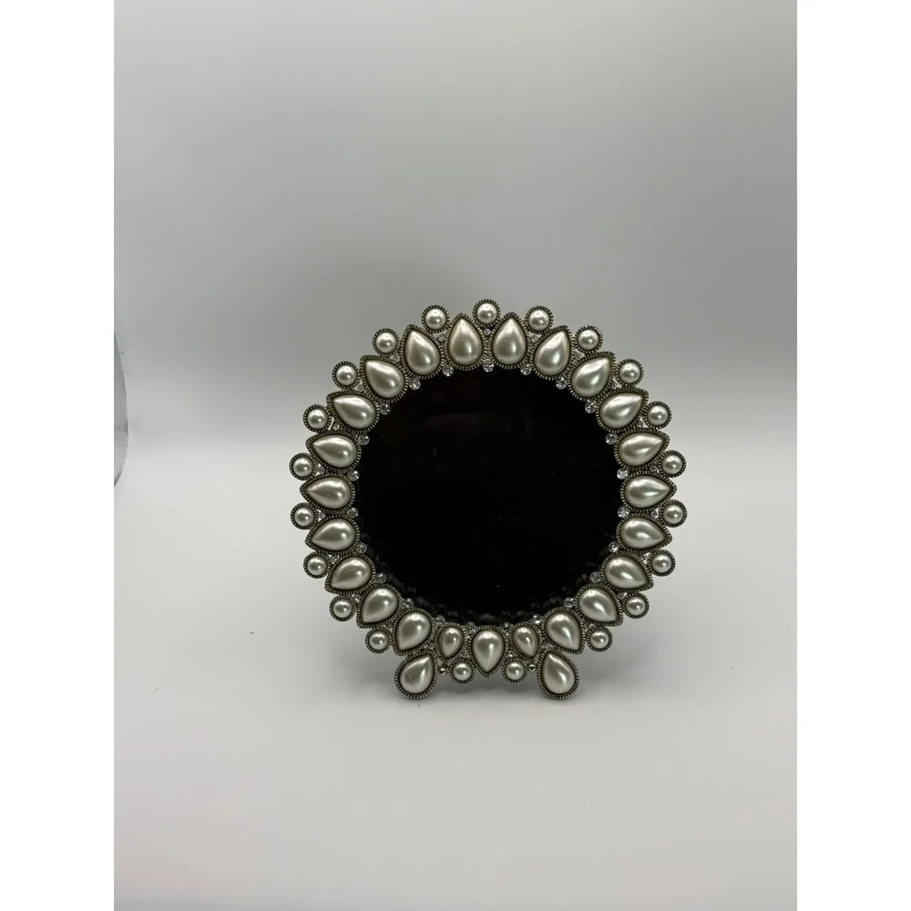 Decorative Jeweled Picture Frame Pearl Rhinestone Ornate Tabletop Silver Tone